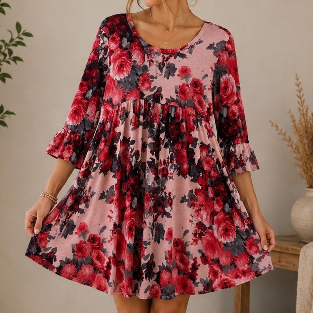 Floral Babydoll Tunic Dress 2XL Pink Red Boho Bell Sleeve Stretch Casual Soft